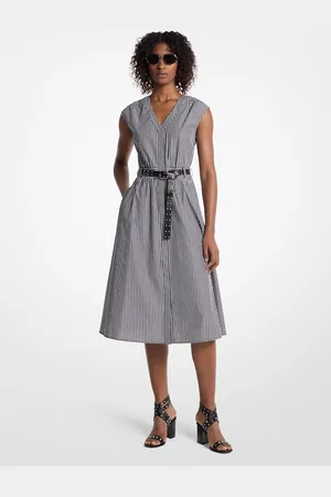 Michael Kors MKVestido midi de popelina de algodón a rayas con cinturón - - Michael Kors