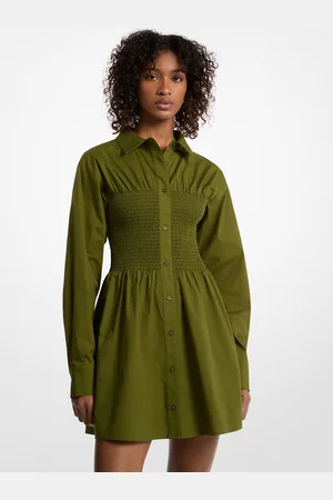 Michael Kors MKVestido camisero fruncido de popelina de algodón elástica - Verde - Michael Kors