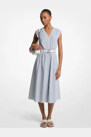 Michael Kors MKVestido midi de popelina de algodón a rayas con cinturón - - Michael Kors