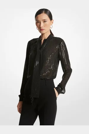 Michael Kors MKBlusa de georgette con cuello con lazada y raya diplomática con lentejuelas - - Michael Kors
