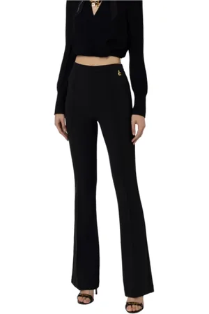 Pantalones negros de tela elástica con cintura alta, Elisabetta Franchi, Pantalones Anchos