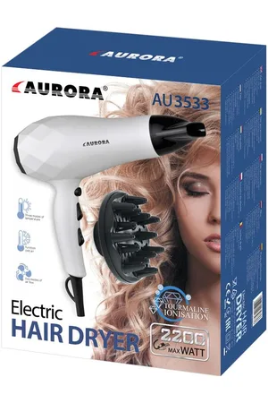 Aurora Secador de Pelo 2200 W - Color Blanco - Adherencia Suave - Protección Contra Sobrecalentamiento - Boquilla Concentradora - Difusor de la Boquilla