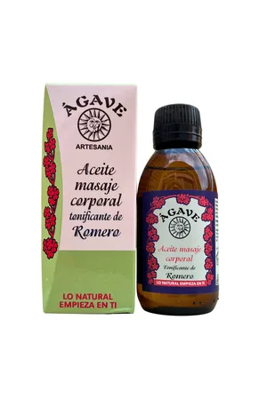 Agave ACEITE DE MASAJE CORPORAL TONIFICANTE DE ROMERO - ÁGAVE (150ml) | 100% NATURAL Y HECHO EN ESPAÑA | Vigorizante, Refrescante y Combate dolores musculares | Con base de Aceite de Almendras prensado en frío y Aceites Esenciales Naturales.