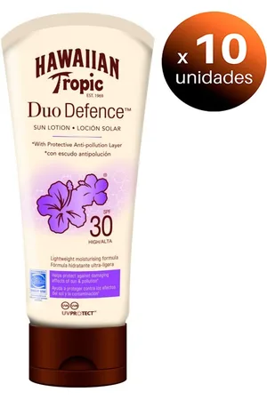Hawaiian Tropic Pack de 10 unidades. Duo Defence, Protección de Efectos Dañinos del Sol y de la Polución. SPF 30 y Resistente al Agua, 180 ml
