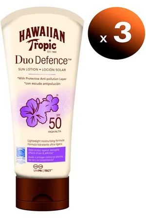 Hawaiian Tropic Pack de 3 unidades. Duo Defence, Loción Protectora de los Efectos Dañinos del Sol y de la Contaminación, Factor SPF 50, 180 ml