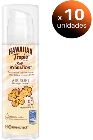 Hawaiian Tropic Pack de 10 unidades. Silk Air Soft SPF 50 - Crema Solar Ultraligera con Lazos de Seda, 150 ml