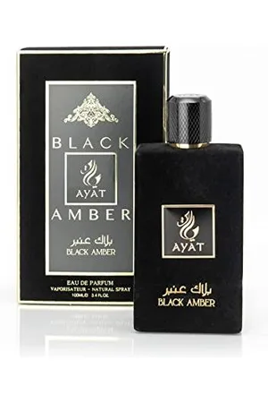 Lattafa Ayat Perfumes – Black AMBER 100 ml – Eau De Parfum Femme – Aroma Arabian Oriental – Perfume Dubai fabricado y diseñado en Emiratos Árabes Unidos (Black Amber)