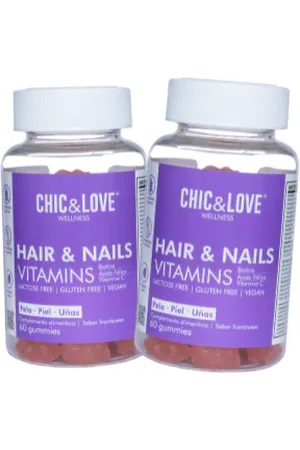 Chic&Love HAIR NAILS Gominolas para Cabello y Uñas para Mujer | Vitaminas A, D, E, C, B5, B6, B12, Biotina 5.000 mcg, Ácido Fólico Yodo | SIN Gluten, SIN Lactosa, apto para veganos | Sabor Frambuesa (60 Gominolas 2 meses)