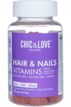 Chic&Love HAIR NAILS Gominolas para Cabello y Uñas para Mujer | Vitaminas A, D, E, C, B5, B6, B12, Biotina 5.000 mcg, Ácido Fólico Yodo | SIN Gluten, SIN Lactosa, apto para veganos | Sabor Frambuesa (60 Gominolas 2 meses)
