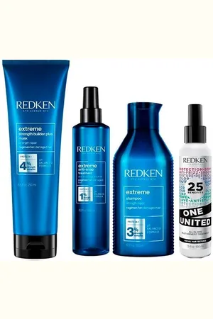 Redken | Rutina champú Extreme + mascarilla Extrmee + tratamiento Anti-Snap Extreme + spray multibeneficios One United. Reparación con proteínas para cabello débil. Formato 300ml + 250ml.