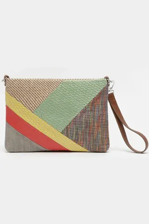 MISAKO Patch bandolera y bolso de mano de rafia con estampado patchwork