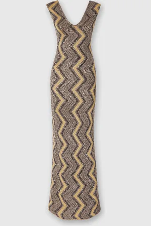 Missoni Vestido largo en zig zag con escote pronunciado y lentejuelas, Mujer, & Dorado, Talla: 40