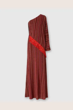 Missoni Vestido largo en zigzag de un solo hombro con lentejuelas y flecos, Mujer, , Talla: 40