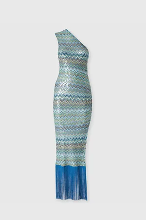 Missoni Vestido largo de un solo hombro en viscosa lamé en zig zag con lentejuelas y flecos, Mujer, , Talla: 40