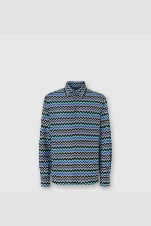 Missoni Camisa de algodón en zig zag con bolsillo en el pecho, Hombre, & Azul Oscuro, Talla: 48