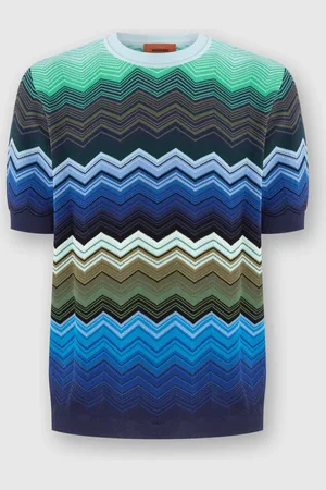 Missoni Camiseta de cuello redondo de punto de algodón en zig zag con ribete en contraste, Hombre, & Verde, Talla: 48