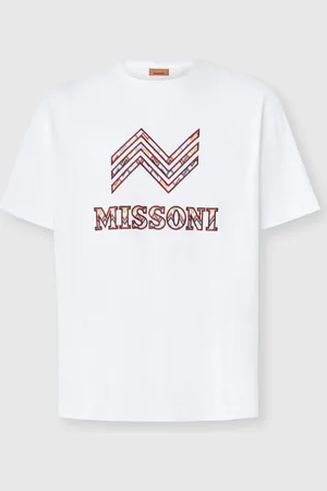 Missoni Camiseta de algodón con cuello redondo con aplicación en zigzag y logotipo, Hombre, & Naranja, Talla: 2XL