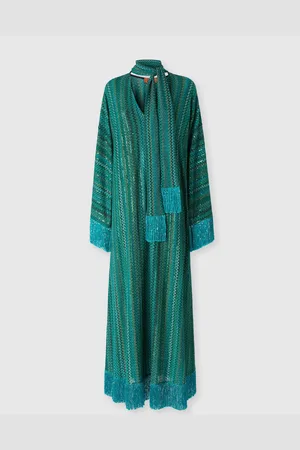 Missoni Caftán en zigzag con lentejuelas y escote en pico y pañuelo desmontable con flecos, Mujer, , Talla: S
