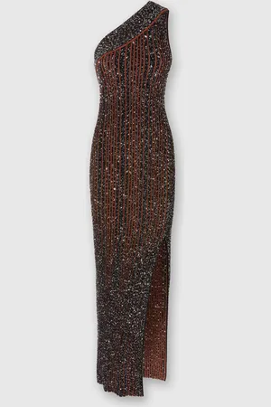 Missoni Vestido largo de canalé de un solo hombro con lentejuelas y abertura, Mujer, & Marròn, Talla: 40