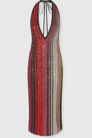 Missoni Vestido midi parcial de rayas con lentejuelas y escote en pico, Mujer, & Rojo, Talla: 40
