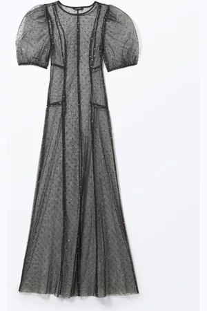 Monki Puffy-Sleeved Sequin Mesh Maxi Dress