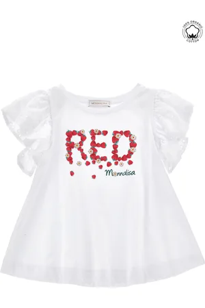 MONNALISA Camiseta de algodón con bordado inglés en las mangas