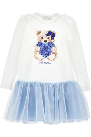 MONNALISA Vestido de algodón y tul con estampado de osita