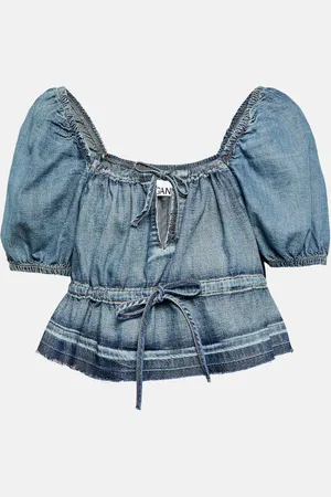 Ganni Crop top en denim con mangas abullonadas