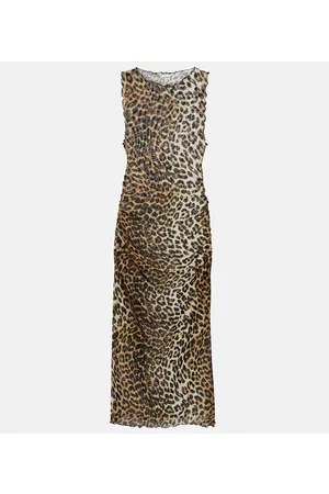 Ganni Mujer Midi - Vestido midi en malla de leopardo