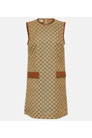 Gucci Vestido corto de lona con piel y GG