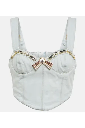 AREA Crop top denim con cristales