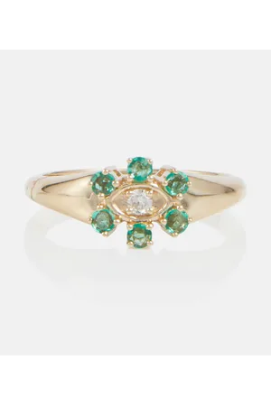 Sydney Evan Anillo de sello en oro de 14 ct con esmeraldas y diamante