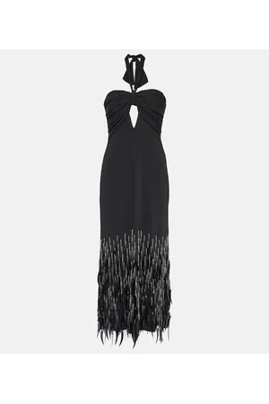 JOHANNA ORTIZ Vestido largo de crepé con plumas