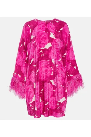 VALENTINO Vestido corto de seda floral con plumas