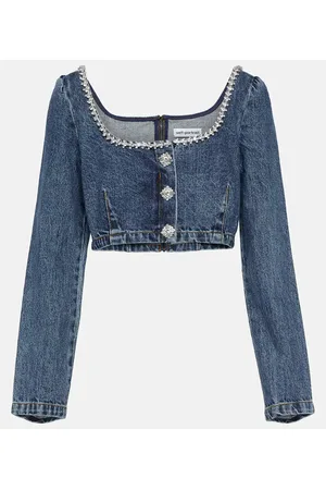 Self-Portrait Top cropped de denim adornado