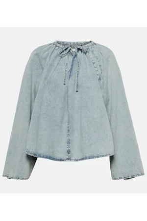Frame Top de denim de algodón y lino