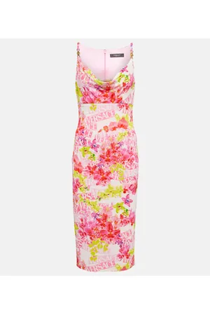 VERSACE Vestido midi de crepé floral con logo