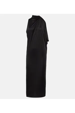 VERSACE Vestido midi de satén con cuello alto