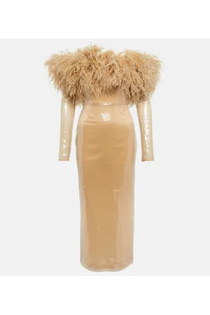 DAVID KOMA Vestido midi con lentejuelas y plumas