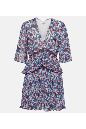 Ganni Vestido corto de georgette floral plisado