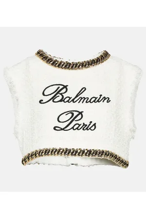 Balmain Crop top de tweed con logo y cadena