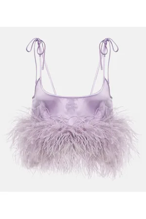 Miu Miu Crop top de satén con ribete de plumas