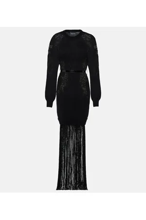 Costarellos Vestido de croché con plumas y flecos