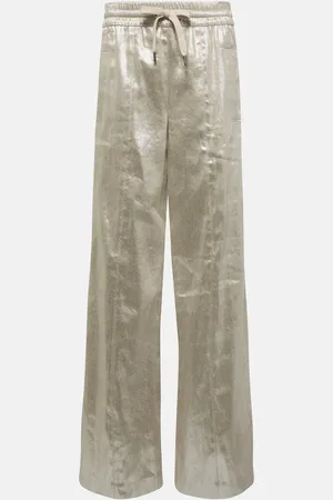 Brunello Cucinelli Pantalones anchos de lamé de mezcla de lino