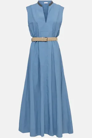 Brunello Cucinelli Vestido largo de popelín de algodón adornado