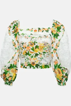 Farm Rio Blusa de algodón con ribete de encaje