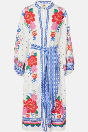 Farm Rio Vestido midi de mezcla de lino bordado