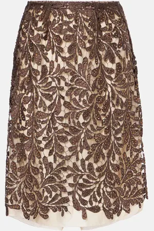 JACQUES WEI Falda midi de encaje floral adornada