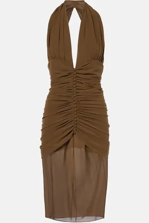 Saint Laurent Vestido midi de crepé de seda fruncido