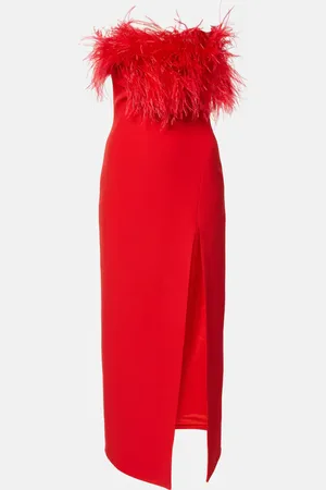 DAVID KOMA Vestido midi con plumas y abertura